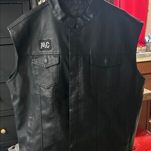 MC Black Faux Leather Motorcycle Vest - Classic Sleeveless Jacket